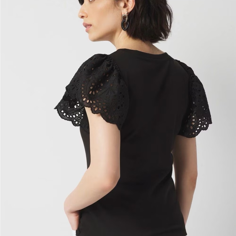 White House Black Market Black Eyelet Puff Sleeve Tee